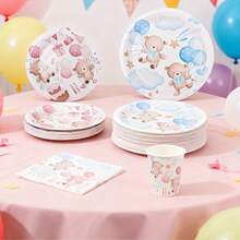 80件套可爱小熊性别揭晓主题一次性餐具套装，包含一次性餐盘、餐巾纸和纸杯，非常适合情人节、露营、露台烧烤、野餐、婚礼、派对和生日、休闲聚会、下午茶等场合，也适合派对装饰和生日装饰。 - 彩色 - 查看 6