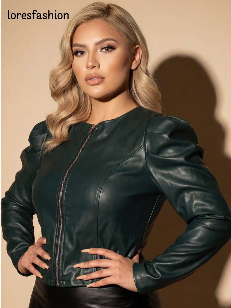 Cazadora para mujer con cremallera frontal de diseño moderno y juvenil, confeccionada en tela vinil de alta calidad con 100% poliéster grueso y resistente que aporta durabilidad, brillo y estilo sofisticado, chaqueta de manga larga con diseño bombacha que añade volumen y un toque chic contemporáneo, prenda versátil perfecta para otoño e invierno gracias a su tejido grueso que protege del frío mientras conserva un look moderno y elegante, cazadora ligera pero abrigadora ideal para salidas nocturnas, conciertos, citas, vacaciones, viajes o uso diario, chaqueta bomber femenina de  vinilada que combina fácilmente con jeans ajustados, pantalones de vestir, faldas o vestidos cortos para crear outfits casuales, urbanos, sexys o sofisticados, prenda de moda imprescindible en el guardarropa femenino que aporta  y glamour, cazadora con cremallera completa que ofrece practicidad y comodidad, - Verde Oscuro - Añade 3