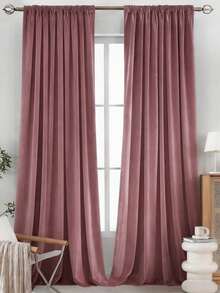 1件杆袋式纯色天鹅绒窗帘，意大利天鹅绒面料，奢华复古美式简约深粉色窗帘，适用于客厅、卧室、阳台，遮光 - 粉色 - 查看 1