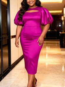 Women Plus Size Elegant Fuchsia Cut Out Neck Uff Sleeves Fitted Dress Formal Events Birthday Party - Hot Pink - View 2