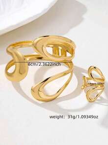 一套时尚镂空几何金属戒指和手链套装，女士情人节礼物 - 金黃色 - 查看 4