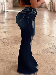 Plus Size Women's Mid-Rise Flared Jeans, Sexy Ripped Elastic Raw Hem Denim Flared Pants, Casual Wear Fashion Trousers - 深色水洗藍 - 查看 2
