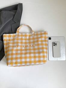 1个新款女士情人节大容量手提包，休闲格子透明果冻包，百搭学院风手提包，适合学生/旅行/健身/妈妈们，简约字母印花手提包 - 黃色 - 查看 6