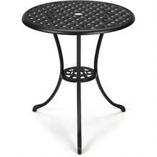 Mesa de bistró para Patio, Mesa Redonda de 24 Pulgadas para Exteriores con Agujero para Paraguas de 2 Pulgadas, Mesa Auxiliar de Aluminio Fundido para Exteriores con Marco de Hierro para - Negro - Ver 8
