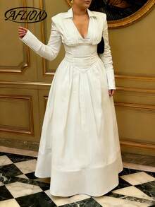 Aflion 大码女式V领半开衩长袖衬衫裙，优雅简约复古米色连衣裙，适合约会、派对、音乐会、酒吧、聚会、商务、办公、休闲穿着，春夏皆宜。 - 米色 - 查看 4