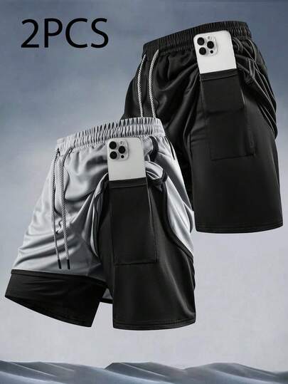 男士抽绳腰带休闲运动短裤，骑行短裤，跑步短裤，时尚二合一设计，纯色简约时尚休闲运动短裤，日常穿着舒适透气宽松版型，适合健身房、长跑等运动，二合一功能性短裤，适合健身、跑步和户外活动