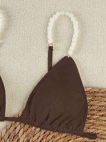 2026夏季度假风棕色串珠吊带花卉装饰性感比基尼套装，时尚两件式泳衣，适合海滩、夏季度假、生日派对、健身、优雅日常及户外活动穿着 - 棕色 - 查看 5