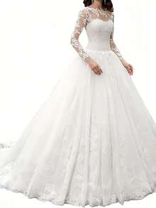 Elegant Romantic A Line Backless Long Sleeves Lace Appliqués Tulle Wedding Dress Registration,Evening Party Dress Birthday Party Dress,Romantic Church Ceremony Wedding Dress,Suitable For Wedding,Dating,Party,Singles' Party,Vacation,Formal Occasions,Dinner Dress,Prom Dress,Homecoming Dress,Cocktail Party,Wedding Guest Dress,Graduation - trắng - Xem 4