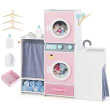Wooden Kids Laundry Playset Pretend Toy Washing Machine W/ Clothes Hangers - Pink - View 1
