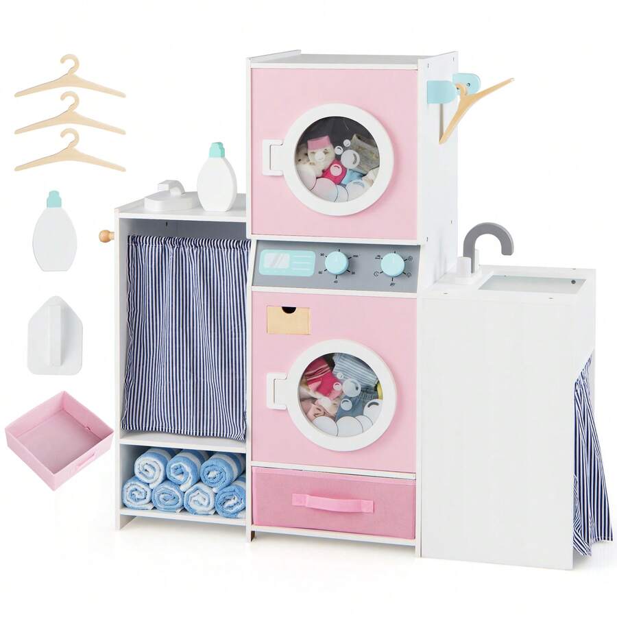 Wooden Kids Laundry Playset Pretend Toy Washing Machine W/ Clothes Hangers - Pink - View 1