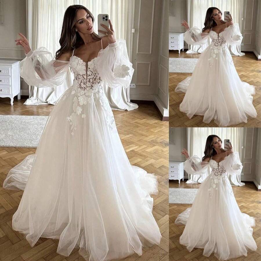 Elegant Sexy Off Shoulder Lace Appliqué Long Sleeves A Line Tulle Wedding Dress,Registry Office Dresses Bridal Gown,Evening Party Dress Birthday Party Dress Country Wedding,Romantic Church Ceremony Wedding Dress,Suitable For Wedding,Dating,Party,Singles' Party,Vacation,Formal Occasions,Dinner Dress,Prom Dress,Homecoming Dess,Cocktail Party,Wedding Guest Dress,Graduation - 白色 - 查看 1