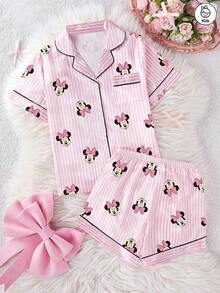 Disney 少女米妮条纹卡通印花两件套，可爱休闲配套弹力腰短袖上衣和短裤睡衣套装，丝滑柔软透气面料，适合所有季节。 - 粉色 - 查看 1