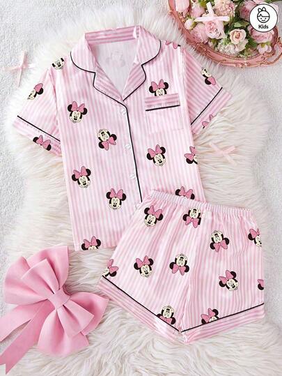 Disney 少女米妮条纹卡通印花两件套，可爱休闲配套弹力腰短袖上衣和短裤睡衣套装，丝滑柔软透气面料，适合所有季节。