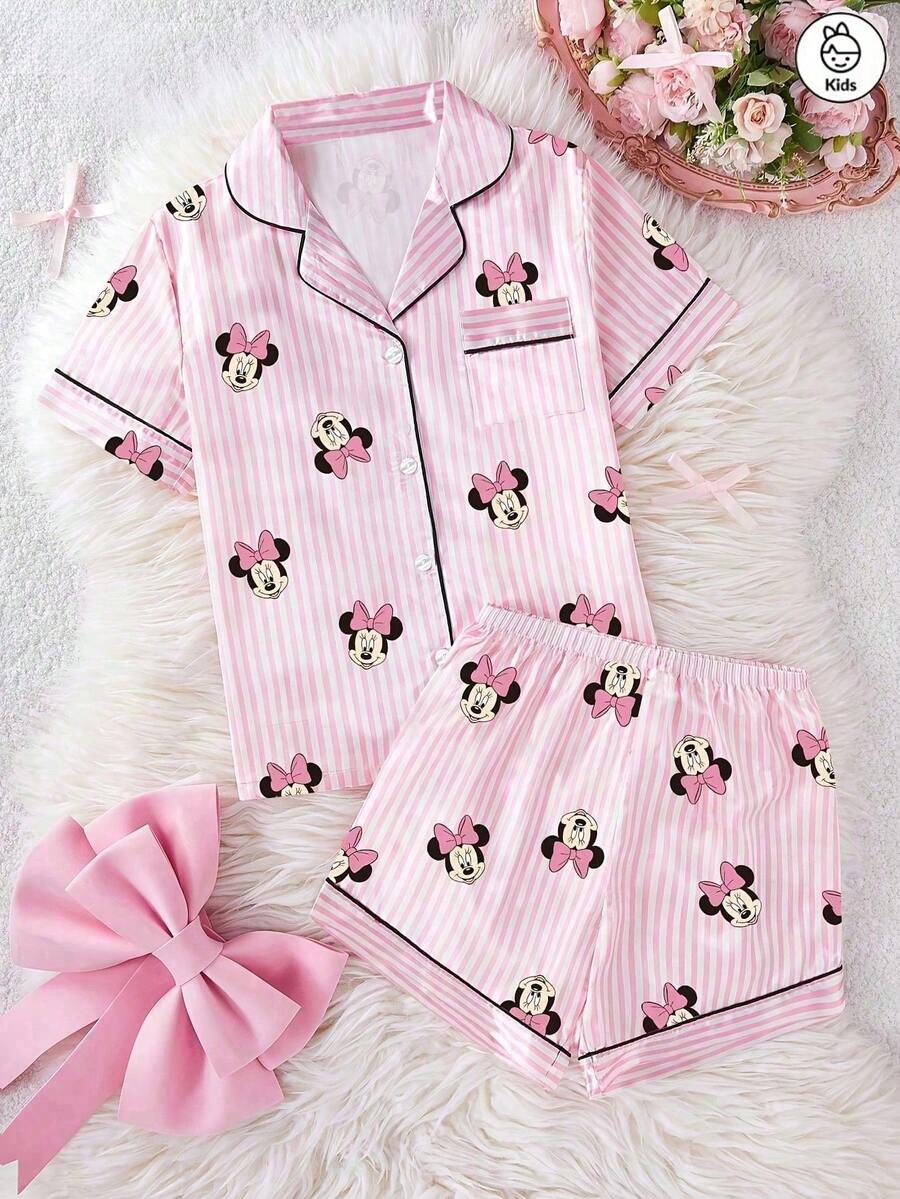 Disney 少女米妮条纹卡通印花两件套，可爱休闲配套弹力腰短袖上衣和短裤睡衣套装，丝滑柔软透气面料，适合所有季节。 - 粉色 - 查看 1