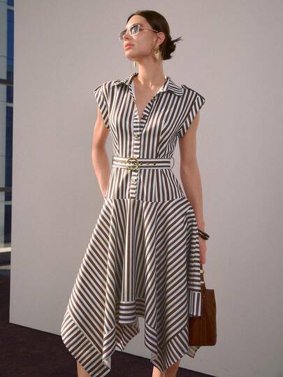 Sollinarry Women's Summer New Fashion Striped Sleeveless Button Asymmetrical Hem Dress, Casual Commuter, Suitable For Work, Vacation