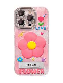 1pc Electroplated Glitter Full Coverage Pink Floral Phone Case With 3D Metal Stand, Compatible With IPhone 11/12/13/14/15/16/17/Pro Max - Pink - View 5
