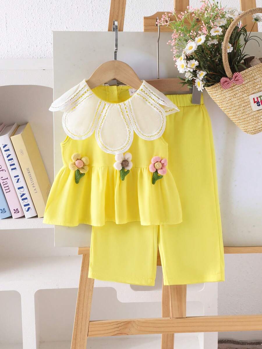 2pcs Baby Girls Vacation Dopamine Floral Ruffle Sleeveless Top And Long Pants Set, Summer - Yellow - View 1