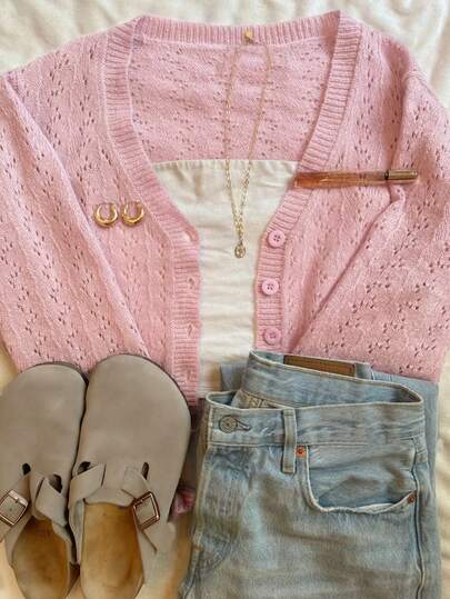 Cárdigan de punto con diseño hueco de unicolor casual y lindo para mujer, de manga larga, con cuello en V y abotonadura sencilla, adecuado para primavera, verano, otoño, té de la tarde, citas, vacaciones y uso diario