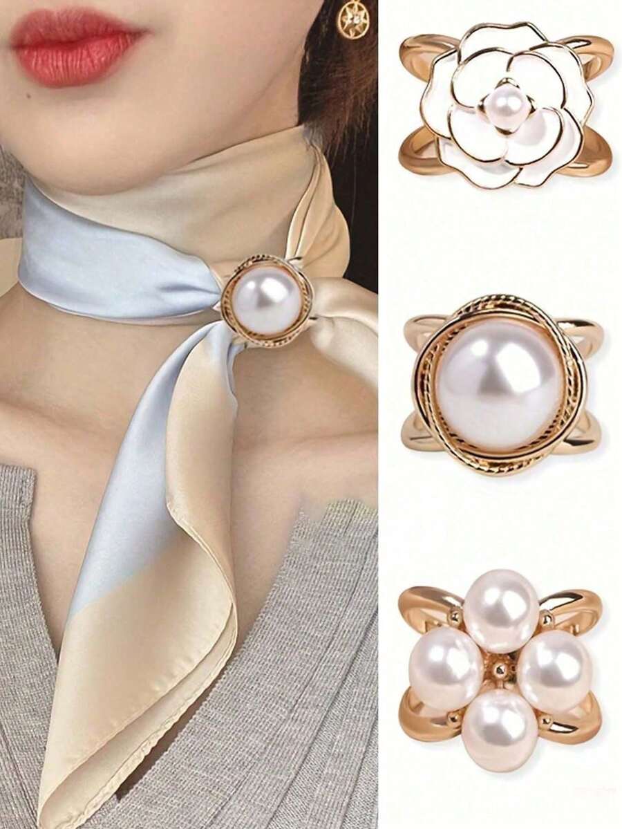 Versatile Styling Kit: 3-In-1 Gold Faux Pearl Scarf Ring, Knot Buckle & Brooch Set For Women, Multi-Functional Accessory For Silk Scarves - Ideal For Back To School, Chinese New Year & Valentine's Day Outfits - Silk Scarf Clip - View 1