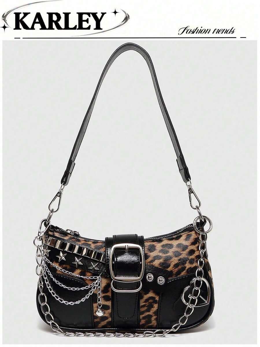 Y2K Fashionable Versatile Star & Moon Design Unique Silver Millennium Shoulder Chain Crossbody Bag, Perfect For Girls' Street Style And Party Outfits, Also A Great Gift. Starry Sky Print Women Handbag , Y2k - 黑色 - 查看 1