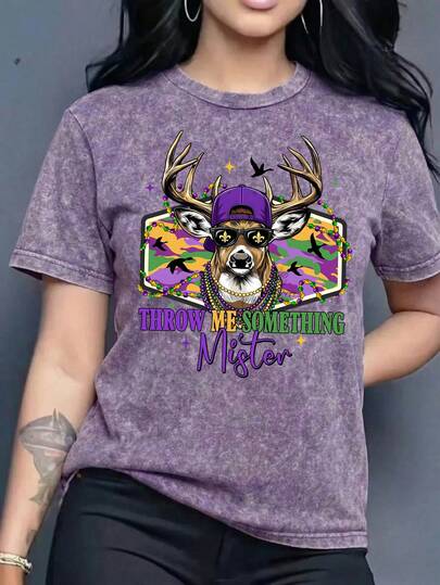 Carnival-Themed Summer Women's Patterned Letter Print Washed Solid Color Casual Simple Everyday Loose Round Neck Short-Sleeved T-Shirt Top. Women's Summer Washed Cotton Top.