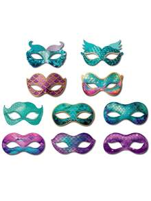 10个美人鱼面具，适合美人鱼角色扮演、派对、纸质动物面具、服装面具、眼罩、服装派对用品、美人鱼生日礼物 - 彩色 - 查看 7
