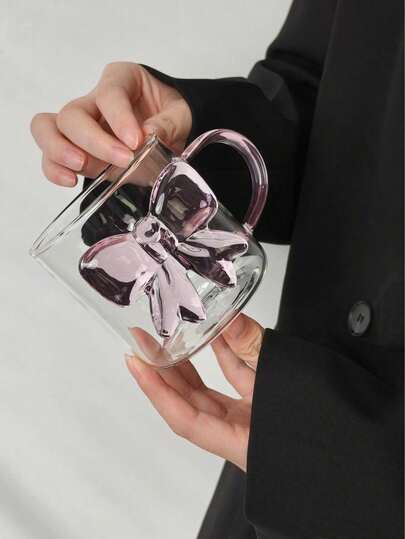 1pc Ins Style Three-Dimensional Pink Bow Transparent Glass Cup, Cute Girly Heart Handle Heat-Resistant Coffee Cup Breakfast Cup, Home Office Internet Celebrity Water Cup