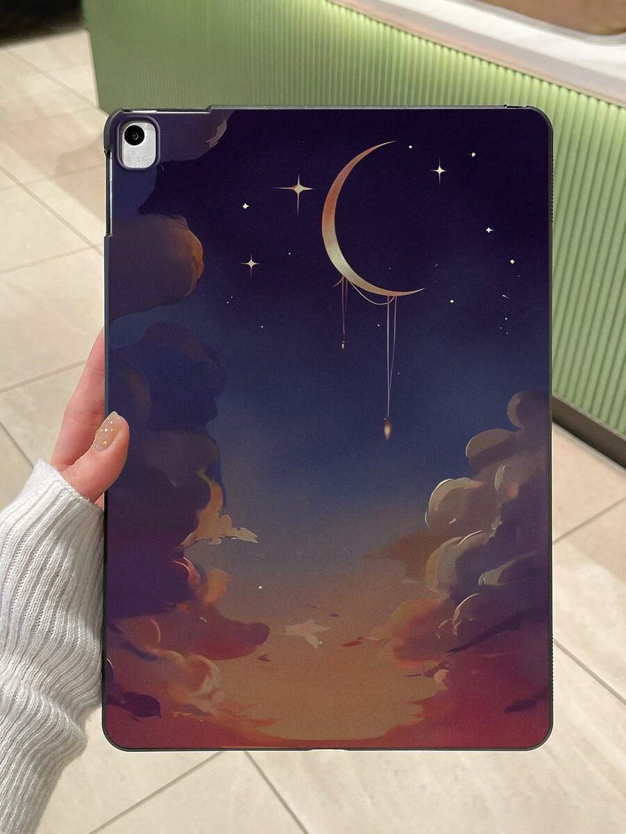 斋月氛围浪漫星空磨砂iPad保护壳，浪漫星空，文学疗愈风格磨砂iPad保护壳，渐变夜空，新月星辰图案iPad保护壳 - 黑色 - 查看 1