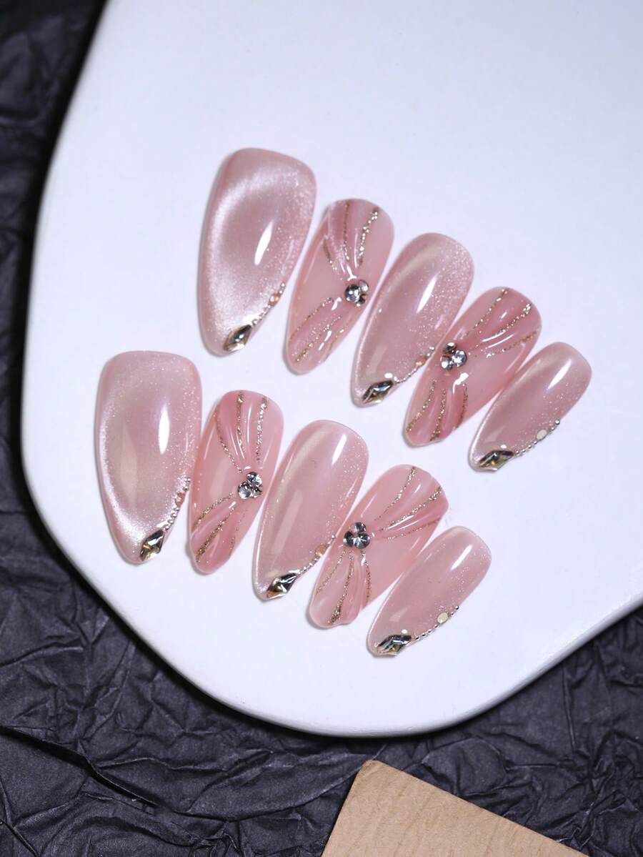 10片装奢华粉色猫眼手工美甲贴纸 - 金色闪粉和水钻装饰法式假指甲 | 可重复使用的沙龙级美甲套装（女士款）