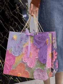 Flower & Bow Gift Bags, Holiday Gift Paper Bags, Cosmetic Tote Bags, Packaging Bags, Birthday Present Bags - Pink - View 1