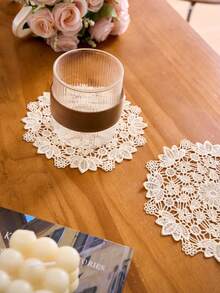 1/2/4/6pcs Ditsy Floral Embroidered Solid Color Round Placemats, Bohemian Style Kitchen Decor, Dining Table Mats, Coasters For Cups/Bowls/Plates, Non-Slip, Suitable For Holidays, Parties, Birthdays, Weddings, Dinners, Offices, Coffee Tables, Home Decor, All Seasons - Champagne - View 7