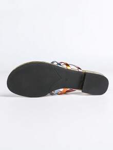 2cm Low Heel Bohemian Style Iridescent Strap Thong Flat Sandals, Summer Beach Holiday Casual Slip-On Slippers - Gold - View 10