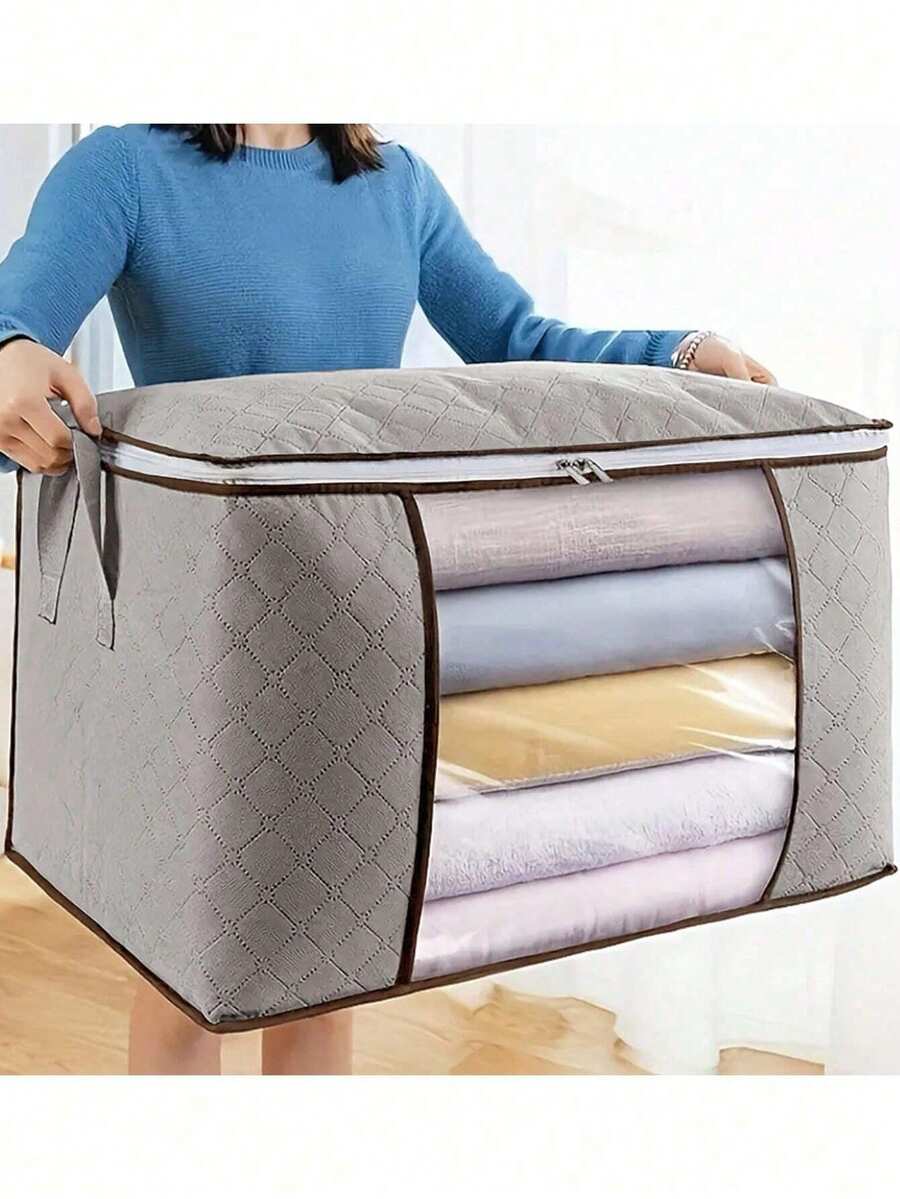 2pcs Large Capacity Quilt Storage Bag, Clothes Dust-Proof Organizer Bag, Nonwoven Thick Moisture Foldable Organization Bins With Lids And Clear Window For Blanket, In Closet With Reinforced Handles For Clothing, Bedding, Gray - Grey - View 1