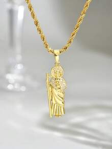 1件复古不锈钢镀金项链 + 耶稣十二门徒吊坠，欧美嘻哈风格宗教人物元素男士项链，基督教护身符，适合宗教节日佩戴 - 金色 - 查看 2