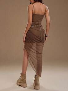 Faeriesty 棕色休闲褶裥连衣裙 - 修身网纱拼接开衩连衣裙，适合海滩度假、早午餐约会、傍晚漫步、夏季活动（不含腰带）