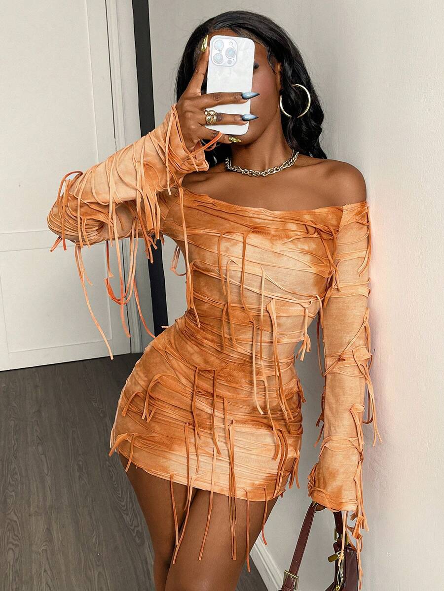 Y2K Long Sleeve Off-Shoulder Ruched Fitted Dress With Unique Print - Burnt Orange - View 1
