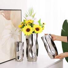 Silver Wavy Ceramic Vase, Modern Minimalist Living Room TV Cabinet Decor, Dry Flower Vase Home Decoration - Silver - View 3