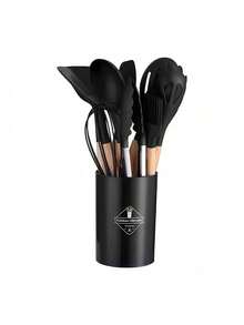 12pcs Silicone Kitchen Utensil Set With Holder, Heat Resistant Cooking Utensils For Nonstick Cookware, Black Wooden Handle Kitchen Tool Set, Father's Day Gift - Black - View 8