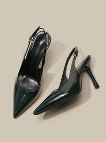 小号女士9.5厘米尖头优雅细高跟鞋，金属装饰踝带，易于穿脱，镜面PU材质，适合日常、派对、通勤、工作等场合。 - 墨綠色 - 查看 3