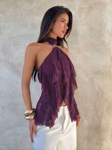 Women's Elegant Multi-Layer Ruffle Trim Stand Collar Fitted Top Purple P0AY - màu đen - Xem 1