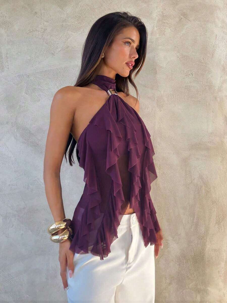 Women's Elegant Multi-Layer Ruffle Trim Stand Collar Fitted Top Purple P0AY - màu đen - Xem 1