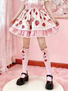 1 par de calcetines con estampado de lazo rosa y fresa, estilo Lolita dulce y adorable - Multicolor - Ver 7