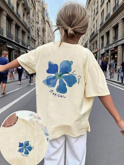 1pc Girls Casual Floral Print Round Neck Short Sleeve T-Shirt, Summer Student Young Children Clothing - The Colorful Floral Print T-Shirt Brings Joy And Happiness To Every Child!