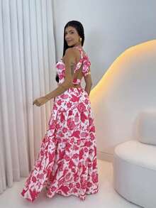 Women's Long Dress With Butterfly Knot - 粉紅印記 - 查看 2