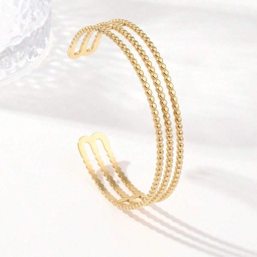 1pc Titanium Steel Open Bangle Bracelet, Minimalist & Fashionable Multi-Layer Bracelet, Hollow Inlaid Open Cuff Bracelet, Gift For Valentine's Day - Yellow Gold - View 1