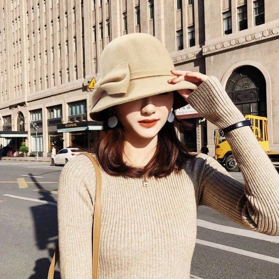 1顶女士新款复古英伦风羊毛毡渔夫帽，优雅圆顶造型，饰有蝴蝶结，时尚日常及户外帽 - 彩色 - 查看 1