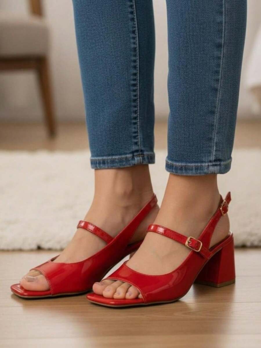 Bellamore Women's Patent Leather Sandal With A Medium Heel (7.5 Cm), Comfortable, Elegant, Casual, And Dressy. Available In , Black, Marsala, Red, And Nude. - 紅色 - 查看 1