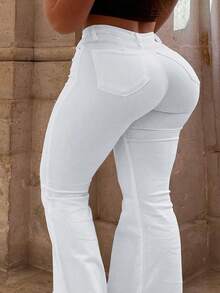 Plus Size Women's Mid-Rise Flared Jeans, Sexy Ripped Elastic Raw Hem Denim Flared Pants, Casual Wear Fashion Trousers,Valentine Outfits For Women - White - View 4