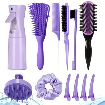 1/2/3/4/5/6/11/12 piezas Nuevo juego de cepillos de pelo de 9 hileras, con diseño de ranuras laterales para mejorar el rizado y la separación, peine de 8 dientes para mojado y seco, (6.8 OZ / 200 ML) Botella de viaje multifuncional pequeña de rociado continuo de alta presión para humectar el maquillaje