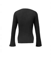 Elegant & Fashionable Versatile Apricot Square Collar Sweater, Shoulder Connected Sleeve Ribbed Asymmetric Hem Long Knitted Solid Color Pullover For Women, Casual Comfortable Stylish For Party, Holiday, New Year, Outing, Office, Daily Wear, Spring/Autumn/Winter Black - Black - View 7